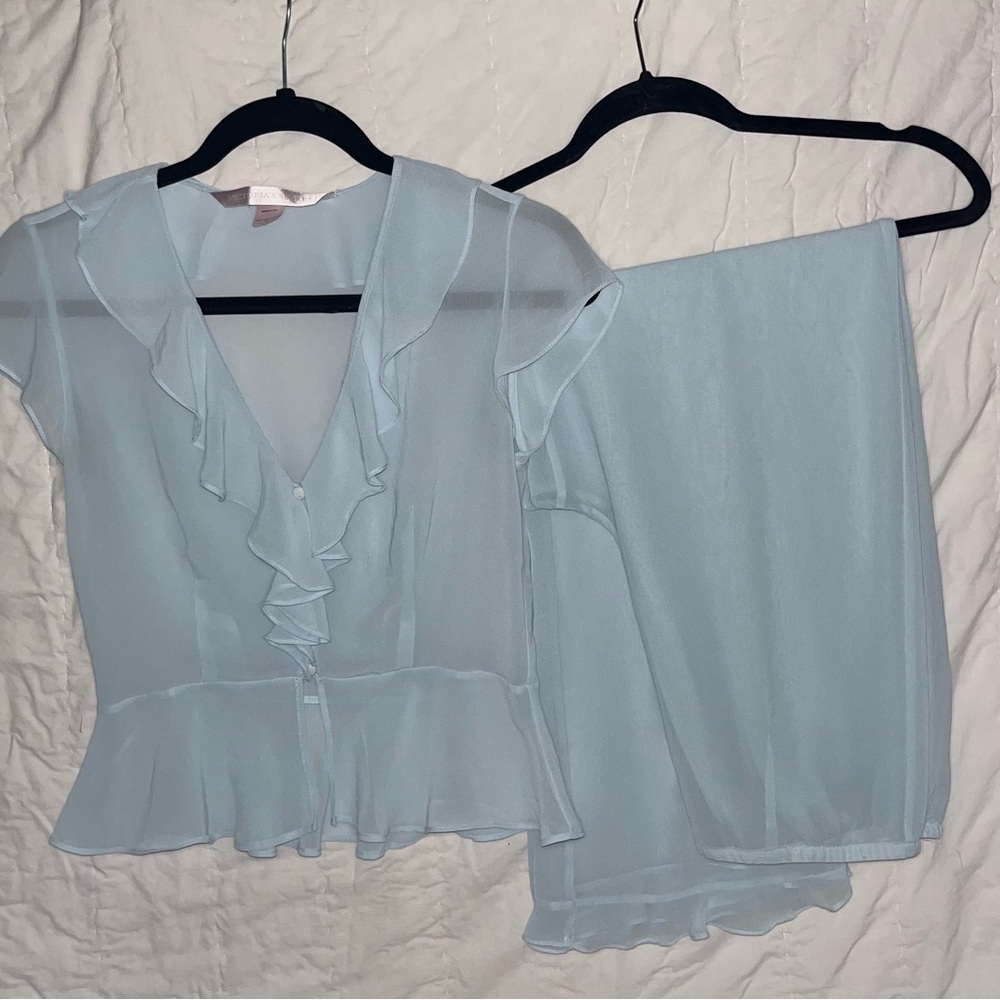 VTG VS Light Blue Sheer Peplum Ruffled Top and Pants Set